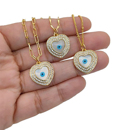 Turkish Evil Eye Heart Necklace for Women, 18K Gold Plated Enamel Pendant with Micropavé Cubic Zirconia, Stylish Boho Protection Jewelry- Selling Per Piece