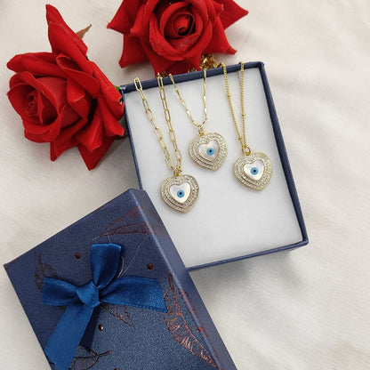 Turkish Evil Eye Heart Necklace for Women, 18K Gold Plated Enamel Pendant with Micropavé Cubic Zirconia, Stylish Boho Protection Jewelry- Selling Per Piece