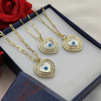 Turkish Evil Eye Heart Necklace for Women, 18K Gold Plated Enamel Pendant with Micropavé Cubic Zirconia, Stylish Boho Protection Jewelry- Selling Per Piece