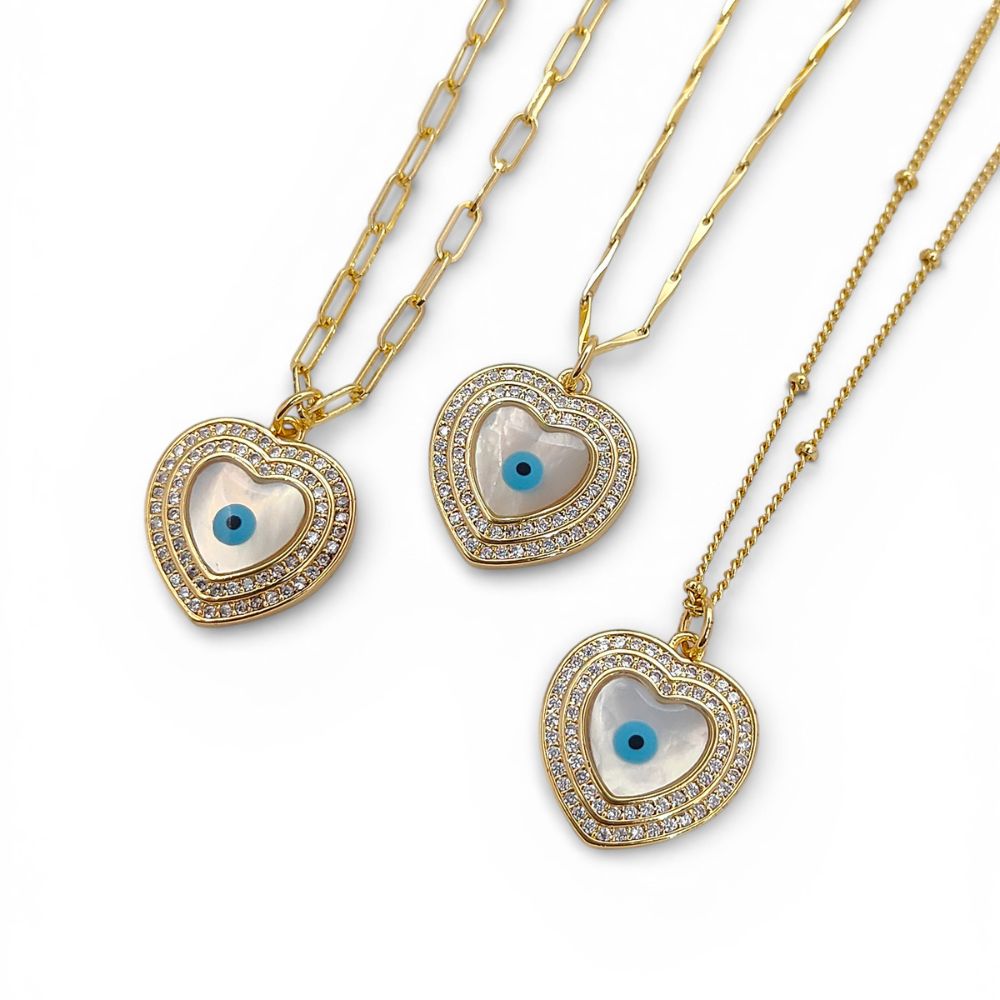 Turkish Evil Eye Heart Necklace for Women, 18K Gold Plated Enamel Pendant with Micropavé Cubic Zirconia, Stylish Boho Protection Jewelry- Selling Per Piece
