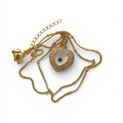 Turkish Evil Eye Heart Necklace for Women, 18K Gold Plated Enamel Pendant with Micropavé Cubic Zirconia, Stylish Boho Protection Jewelry- Selling Per Piece