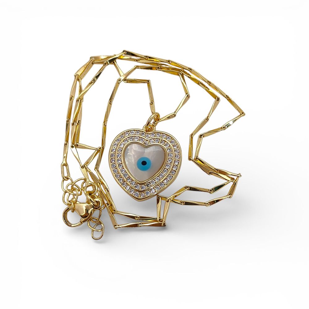 Turkish Evil Eye Heart Necklace for Women, 18K Gold Plated Enamel Pendant with Micropavé Cubic Zirconia, Stylish Boho Protection Jewelry- Selling Per Piece