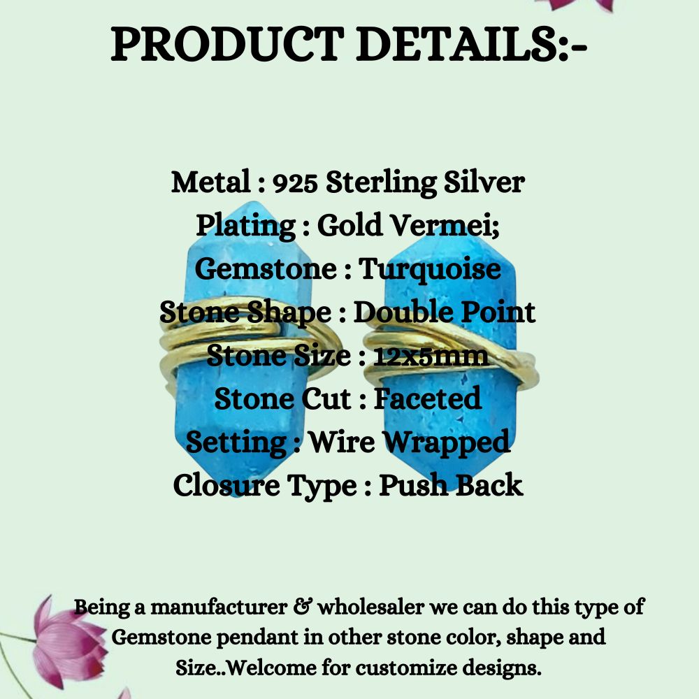 Turquoise Double Point Stud Earrings in Gold Vermeil Handmade Healing Gemstone Jewelry- Selling Per Pair