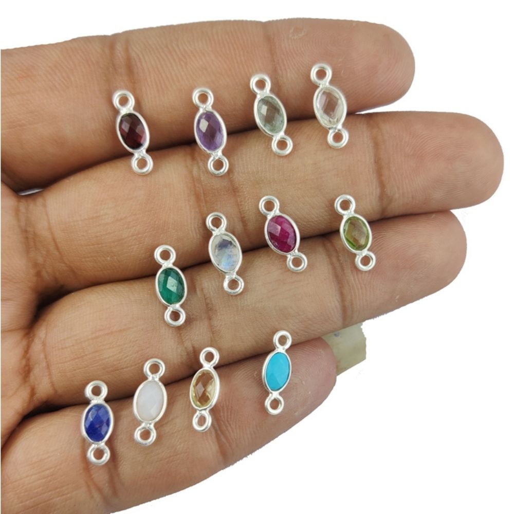 Bezel Set 4x6mm Pink Opal Link Connector Sterling Silver Charm