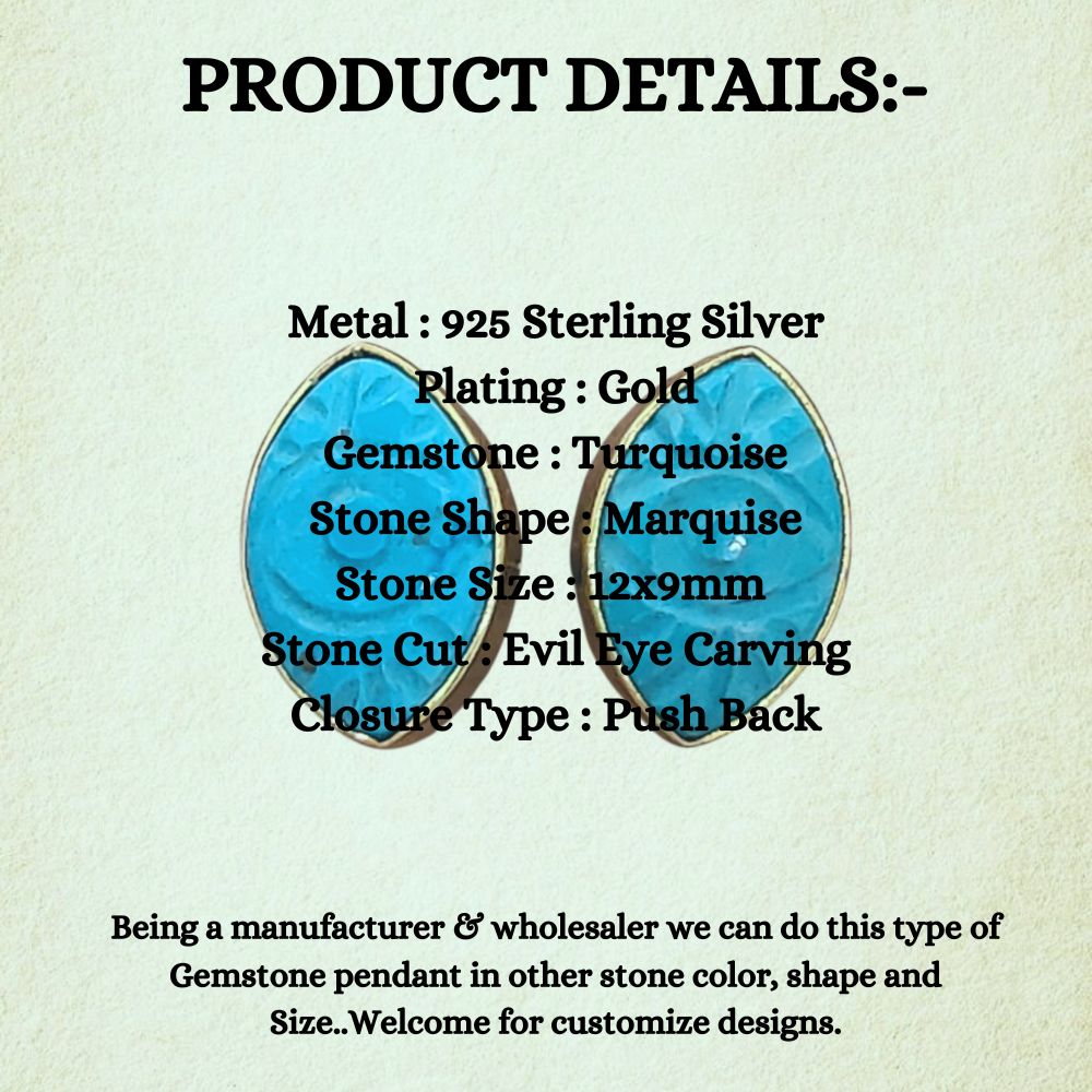 Turquoise Evil Eye Earrings in Gold Vermeil December Birthstone Marquise Handmade Boho Studs – Selling Per Piece
