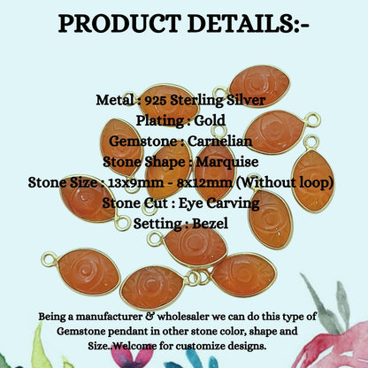 Unique Handmade Carnelian Evil Eye Pendant Gold Plated Sterling Silver Crystal Jewelry Charm- Selling Per Piece