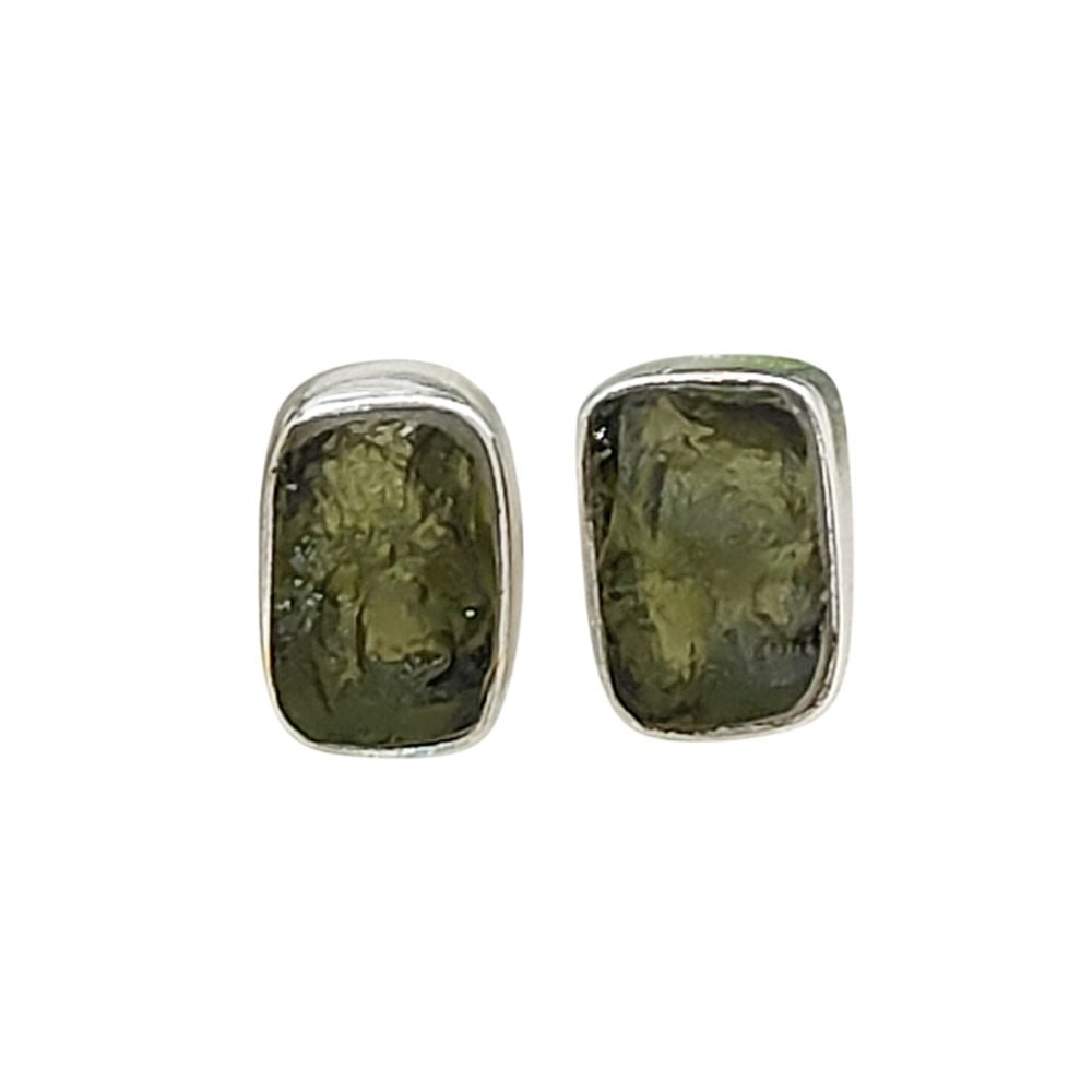 Unique Handmade Rectangle Shape Raw Moldavite Earrings Sterling Silver Minimalist Collet Studs- Selling Per Pair