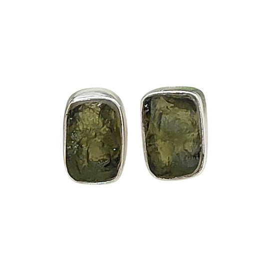 Unique Handmade Rectangle Shape Raw Moldavite Earrings Sterling Silver Minimalist Collet Studs- Selling Per Pair