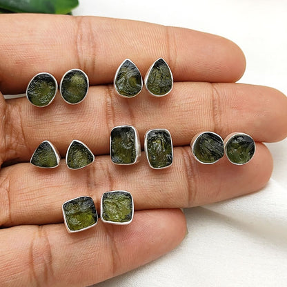 Unique Handmade Rectangle Shape Raw Moldavite Earrings Sterling Silver Minimalist Collet Studs- Selling Per Pair