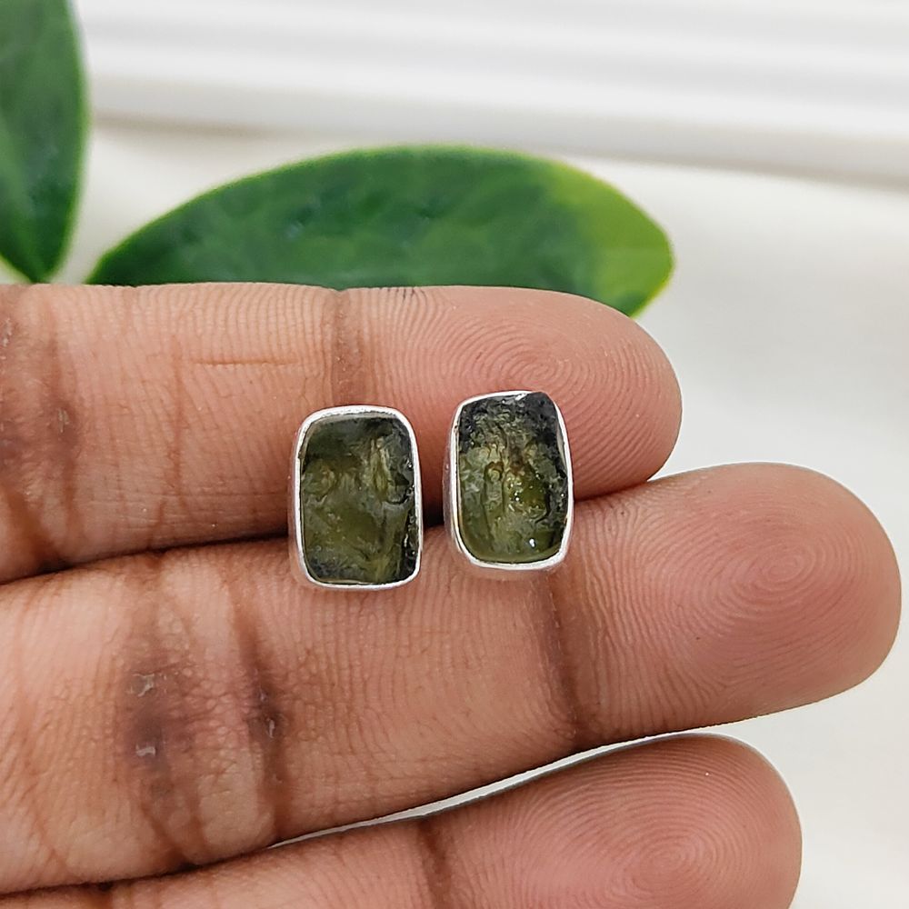 Unique Handmade Rectangle Shape Raw Moldavite Earrings Sterling Silver Minimalist Collet Studs- Selling Per Pair
