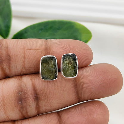 Unique Handmade Rectangle Shape Raw Moldavite Earrings Sterling Silver Minimalist Collet Studs- Selling Per Pair