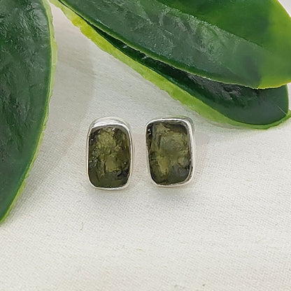 Unique Handmade Rectangle Shape Raw Moldavite Earrings Sterling Silver Minimalist Collet Studs- Selling Per Pair