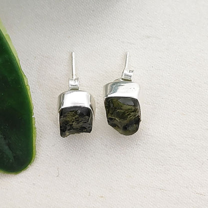 Unique Handmade Rectangle Shape Raw Moldavite Earrings Sterling Silver Minimalist Collet Studs- Selling Per Pair