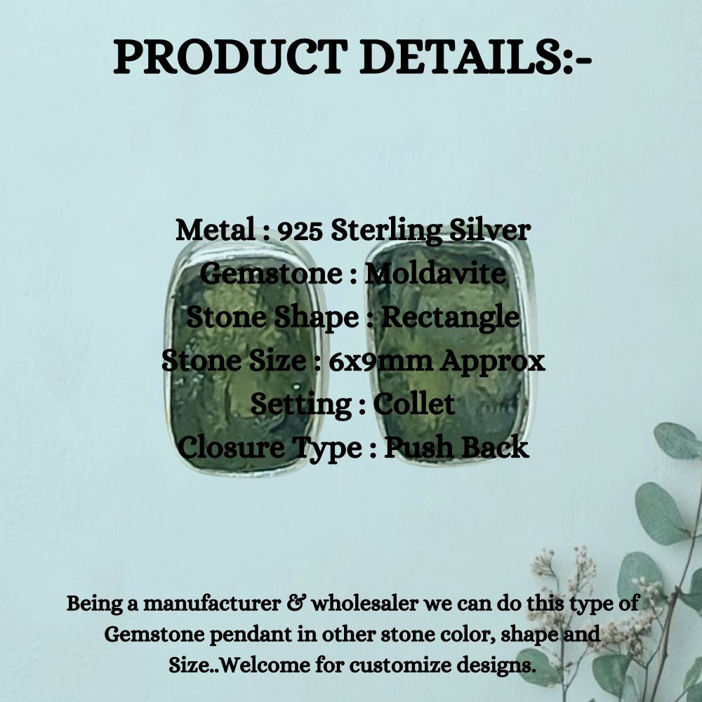 Unique Handmade Rectangle Shape Raw Moldavite Earrings Sterling Silver Minimalist Collet Studs- Selling Per Pair