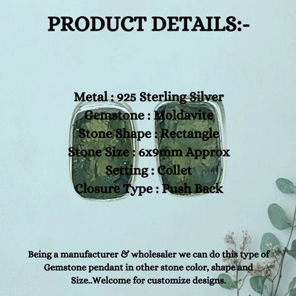 Unique Handmade Rectangle Shape Raw Moldavite Earrings Sterling Silver Minimalist Collet Studs- Selling Per Pair