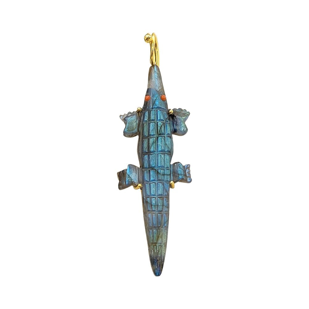 Unique Labradorite Gemstone Crocodile Pendant Hand-Carved Alligator Animal Charm Necklace Gold Plated Boho Tribal Jewelry – Selling Per Piece