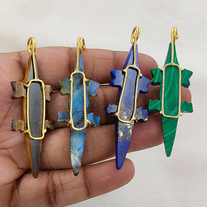Unique Labradorite Gemstone Crocodile Pendant Hand-Carved Alligator Animal Charm Necklace Gold Plated Boho Tribal Jewelry – Selling Per Piece