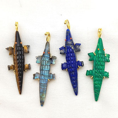 Unique Labradorite Gemstone Crocodile Pendant Hand-Carved Alligator Animal Charm Necklace Gold Plated Boho Tribal Jewelry – Selling Per Piece