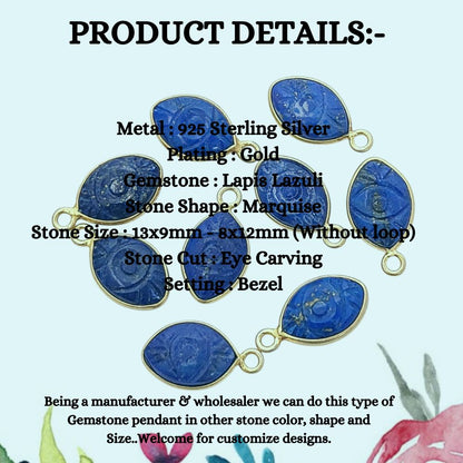 Unique Lapis Lazuli Handmade Evil Eye Pendant Gold Plated Sterling Silver Crystal Jewelry Charm- Selling Per Piece