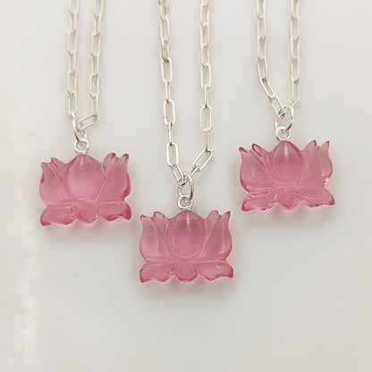 Unique Lotus Carved Pink Tourmaline Necklace Mahalaxmi Inspired Healing Crystal Jewelry- Selling Per Piece