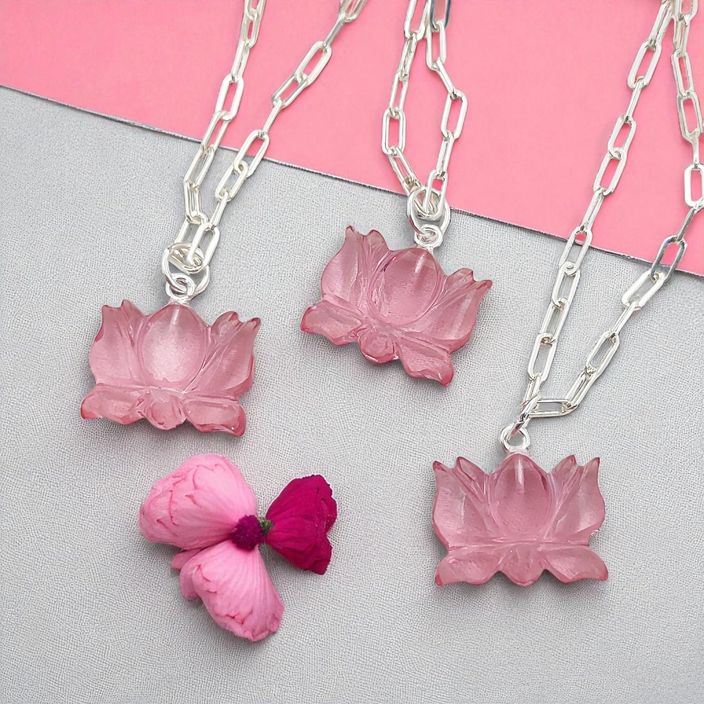 Unique Lotus Carved Pink Tourmaline Necklace Mahalaxmi Inspired Healing Crystal Jewelry- Selling Per Piece