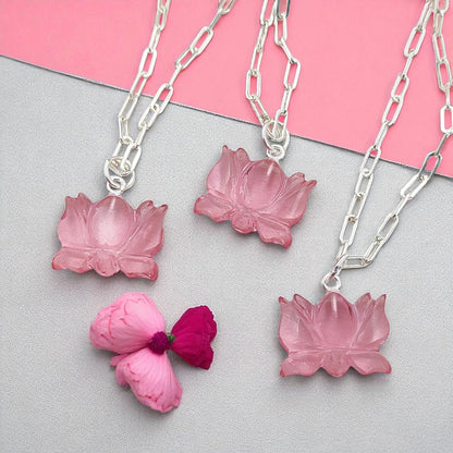 Unique Lotus Carved Pink Tourmaline Necklace Mahalaxmi Inspired Healing Crystal Jewelry- Selling Per Piece