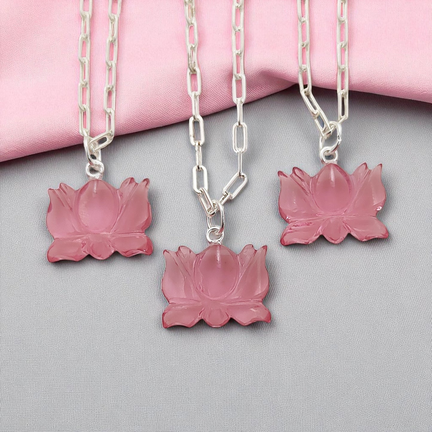 Unique Lotus Carved Pink Tourmaline Necklace Mahalaxmi Inspired Healing Crystal Jewelry- Selling Per Piece