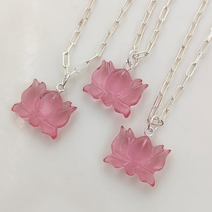 Unique Lotus Carved Pink Tourmaline Necklace Mahalaxmi Inspired Healing Crystal Jewelry- Selling Per Piece