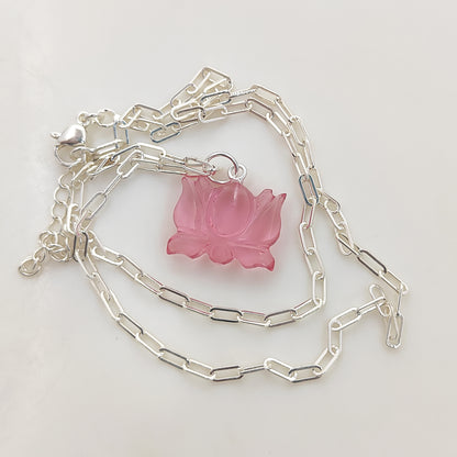 Unique Lotus Carved Pink Tourmaline Necklace Mahalaxmi Inspired Healing Crystal Jewelry- Selling Per Piece