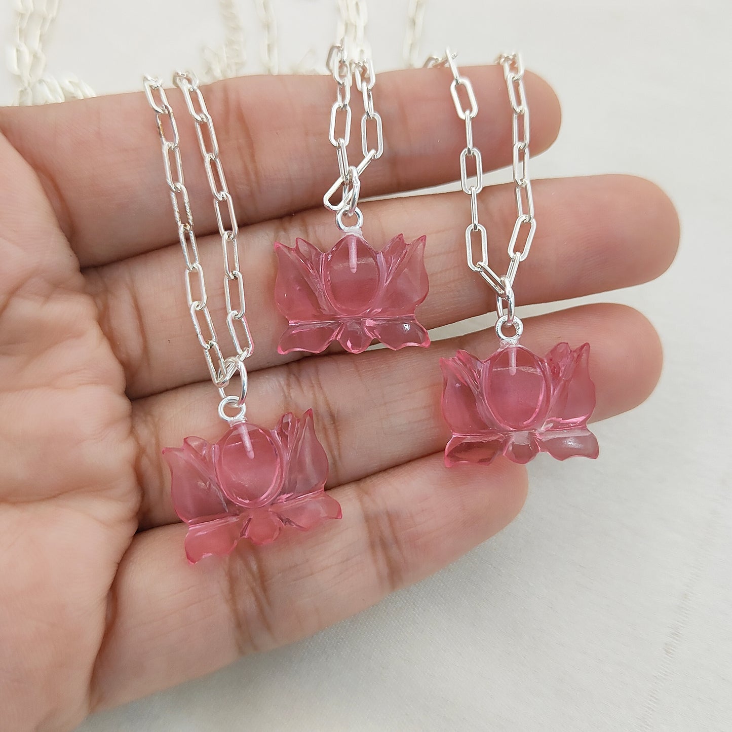 Unique Lotus Carved Pink Tourmaline Necklace Mahalaxmi Inspired Healing Crystal Jewelry- Selling Per Piece