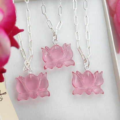 Unique Lotus Carved Pink Tourmaline Necklace Mahalaxmi Inspired Healing Crystal Jewelry- Selling Per Piece