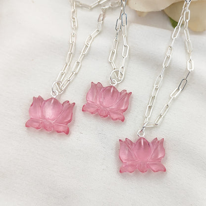 Unique Lotus Carved Pink Tourmaline Necklace Mahalaxmi Inspired Healing Crystal Jewelry- Selling Per Piece