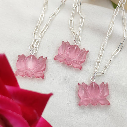 Unique Lotus Carved Pink Tourmaline Necklace Mahalaxmi Inspired Healing Crystal Jewelry- Selling Per Piece