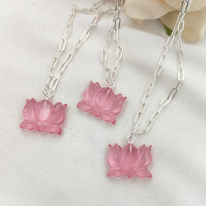Unique Lotus Carved Pink Tourmaline Necklace Mahalaxmi Inspired Healing Crystal Jewelry- Selling Per Piece