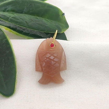 Unique Peach Moonstone Fish Pendant Hand Carved Gemstone Crystal Charm Gold Plated 925 Sterling Silver Bail Jewelry Making