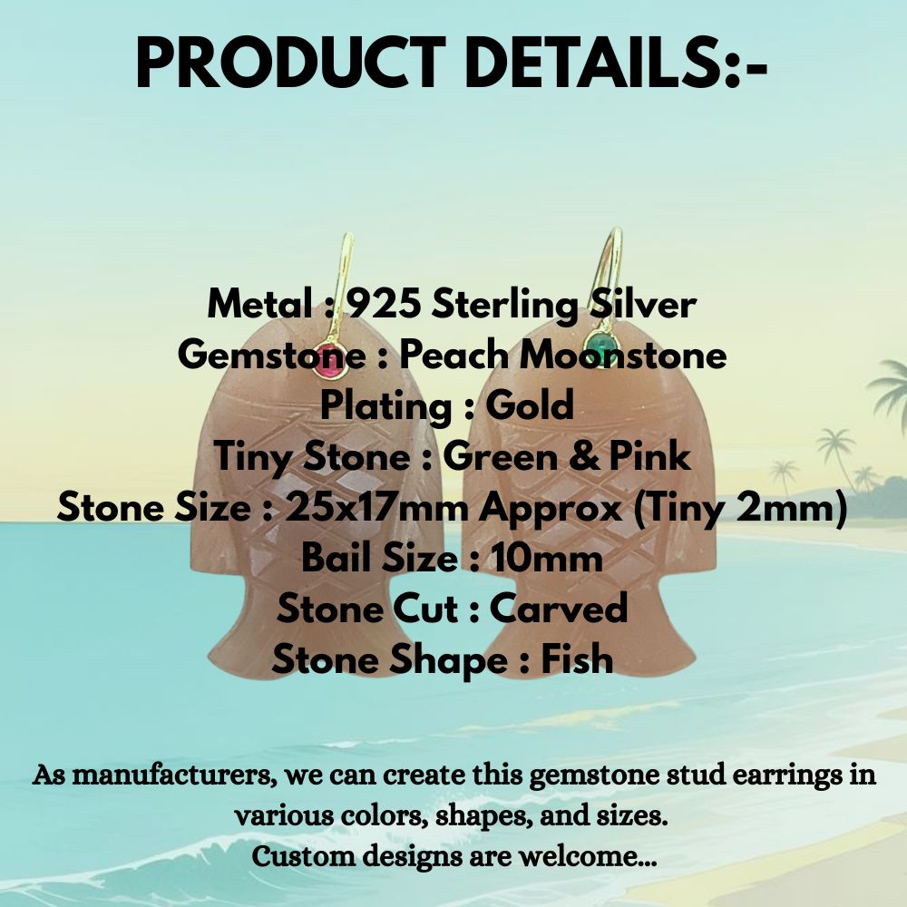 Unique Peach Moonstone Fish Pendant Hand Carved Gemstone Crystal Charm Gold Plated 925 Sterling Silver Bail Jewelry Making