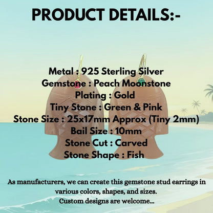 Unique Peach Moonstone Fish Pendant Hand Carved Gemstone Crystal Charm Gold Plated 925 Sterling Silver Bail Jewelry Making