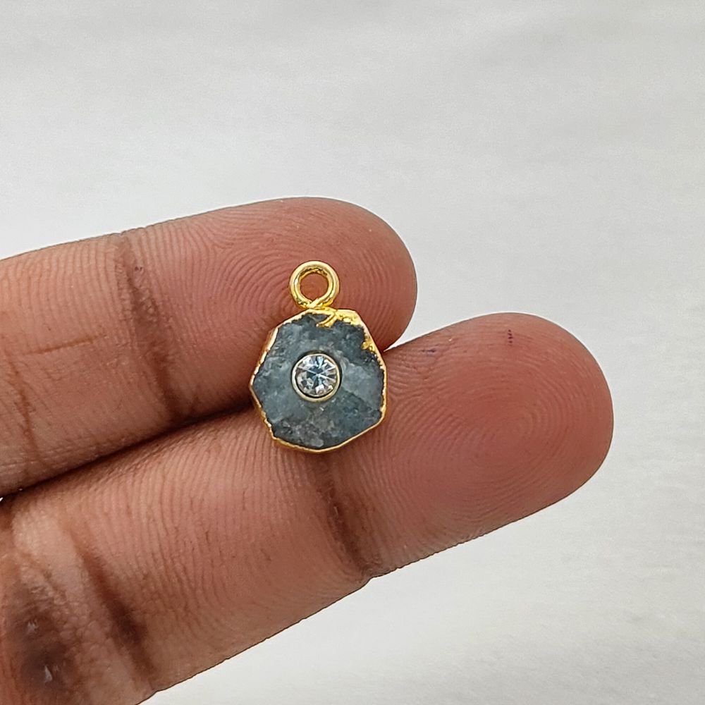 Unique Raw Aquamarine Birthstone Pendant 18k Gold Electroplated Handmade Gemstone Charm with 3mm Cubic Zirconia- Selling Per Piece