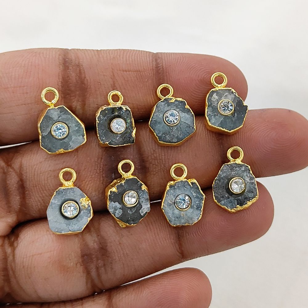Unique Raw Aquamarine Birthstone Pendant 18k Gold Electroplated Handmade Gemstone Charm with 3mm Cubic Zirconia- Selling Per Piece
