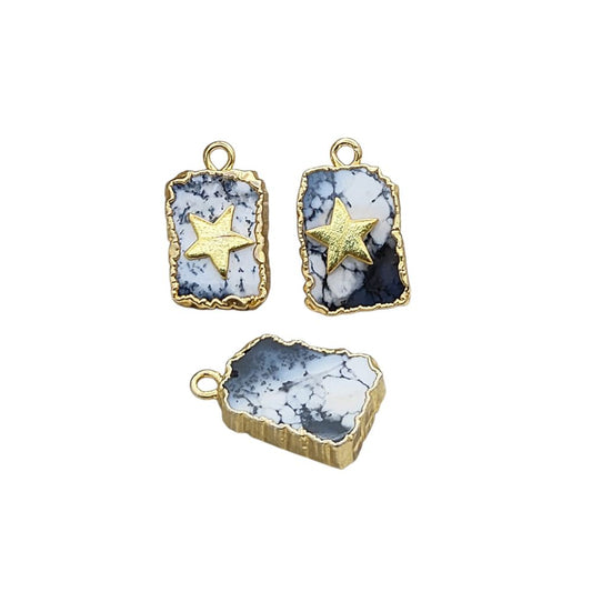 Handmade Dendrite Opal gemstone slice pendant with star gold electroplated charm
