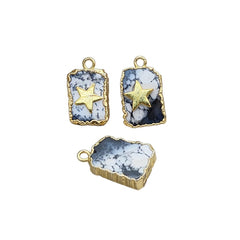 Unique Handmade Dendrite Opal Gemstone Slice Pendant with Star Gold Electroplated Charm for DIY Necklace & Jewelry Craft- Selling Per Piece
