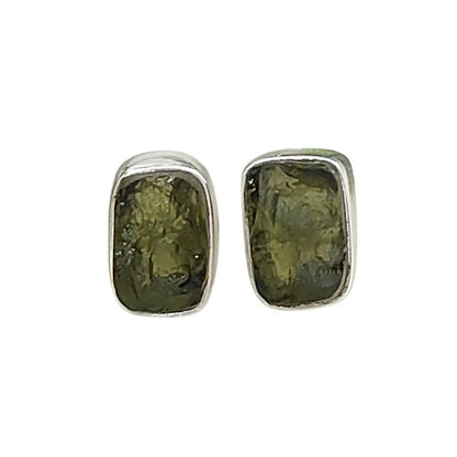 Authentic Raw Moldavite Stud Earrings Handmade Sterling Silver Minimalist Collet Set Push Back Closure Gemstone Jewelry for Women- Selling Per Pair