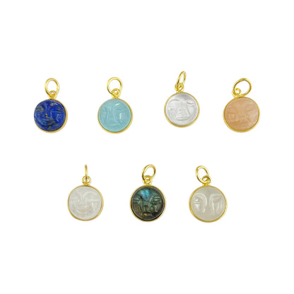 Unique Multi-Gemstone Moon Face Pendant Handmade Gold Plated Sterling Silver Necklace Charm- Selling Per Piece