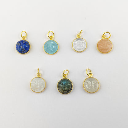 Unique Multi-Gemstone Moon Face Pendant Handmade Gold Plated Sterling Silver Necklace Charm- Selling Per Piece