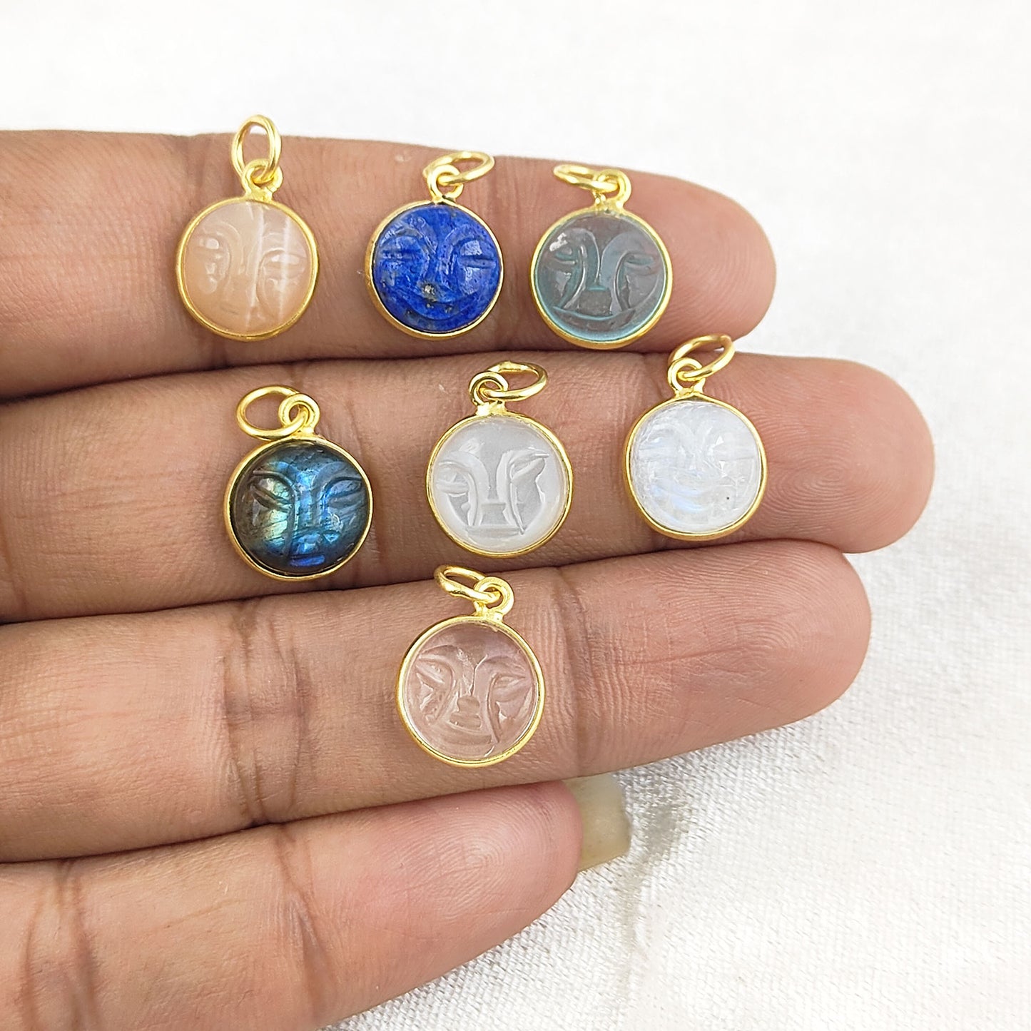 Unique Multi-Gemstone Moon Face Pendant Handmade Gold Plated Sterling Silver Necklace Charm- Selling Per Piece