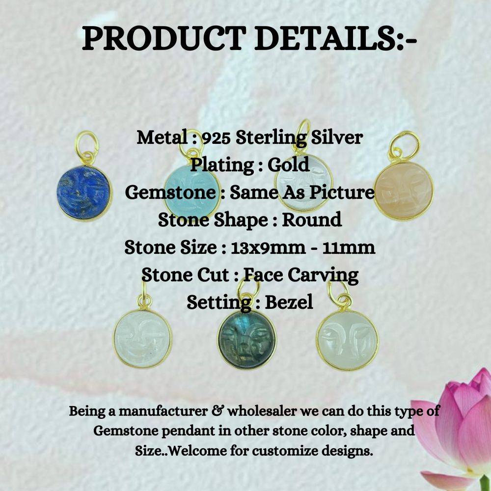 Unique Multi-Gemstone Moon Face Pendant Handmade Gold Plated Sterling Silver Necklace Charm- Selling Per Piece