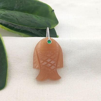 Unique Peach Moonstone Fish Pendant Hand Carved Gemstone Crystal Charm Gold Plated 925 Sterling Silver Bail Jewelry Making