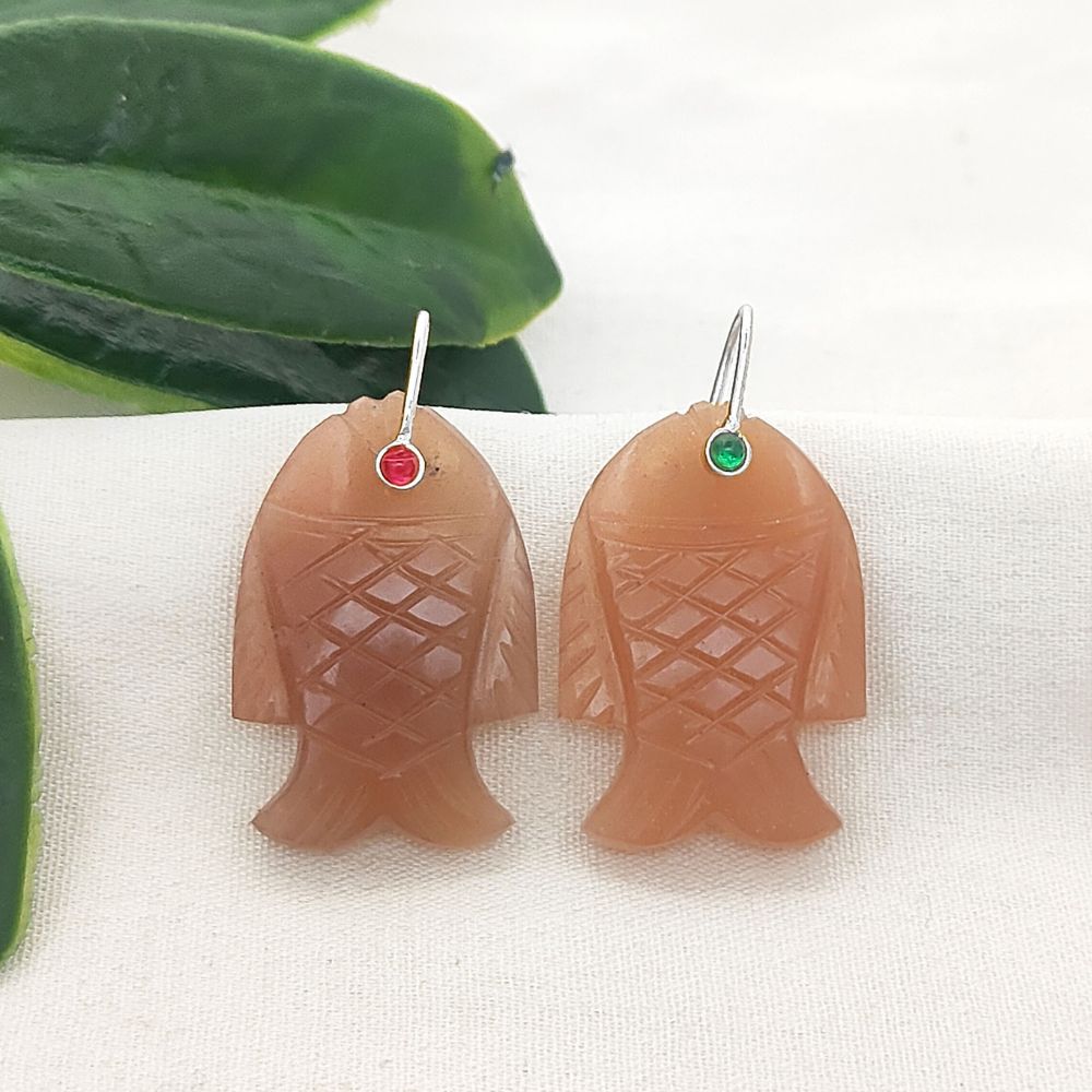 Unique Peach Moonstone Fish Pendant Hand Carved Gemstone Crystal Charm Gold Plated 925 Sterling Silver Bail Jewelry Making