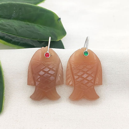 Unique Peach Moonstone Fish Pendant Hand Carved Gemstone Crystal Charm Gold Plated 925 Sterling Silver Bail Jewelry Making