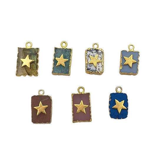 Unique rectangle gemstone slice pendant with star gold electroplated handmade charm